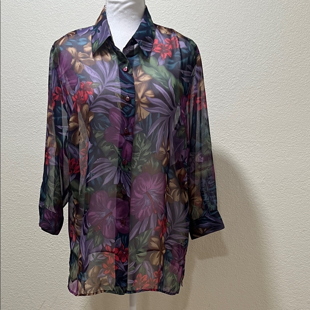 BONWORTH Semi-Sheer Floral Button-Front Blouse in Multi-Color